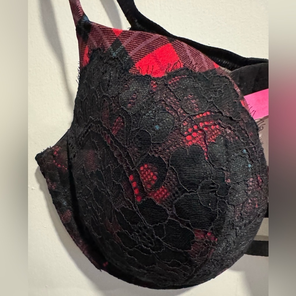 LA SENZA so free balconnet plaid lace push up bra red black romantic goth 36DD
